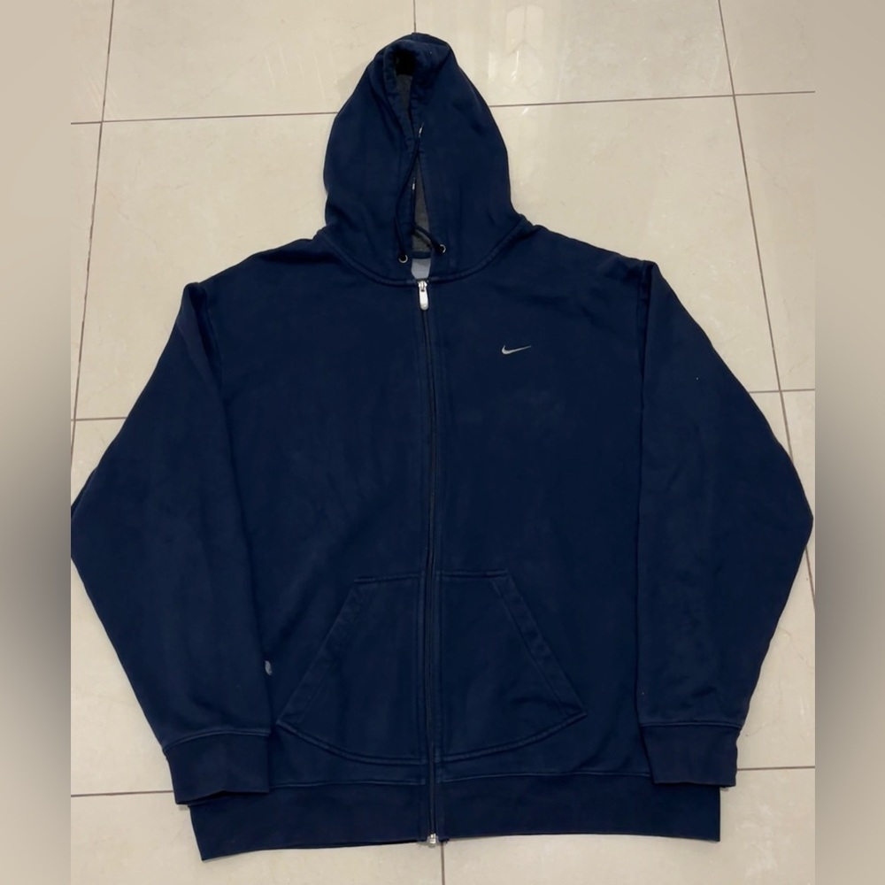 Y2K Nike Grey Tag Hoodie Navy Blue Zip Up 2XL Retro Essential